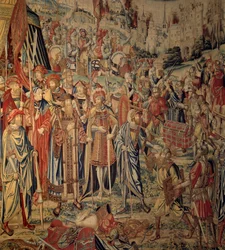 Tapeçaria de David e Bethsabee: os Braços de Joab. Tapeçaria baseada num desenho de Jan Van Roome feito nos ateliers de Bruxelas. Museu Renascentista Ecouen do século XVI