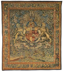 Tapeçaria de verdura com as armas de Robert Dudley, conde de Leicester (um de um par com 47.1), feita na Flandres, Bélgica, cerca de 1570-85 (lã e seda)
