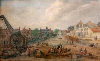 Vista de Ghent Lievekaai e Augustijnenkaai com uma grua de madeira, cópia de uma pintura do século XVIII de Engelbert van Siclers