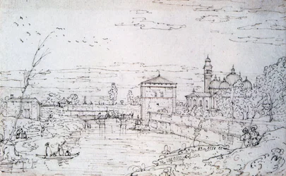 Vista de Pádua com a Porta Pontecorvo e a Igreja de Santa Maria Giustina (caneta, tinta preta e vestígios de lápis de cera)