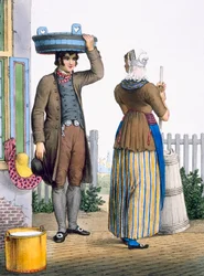 Um, camponês, par, de, Parmerend, holanda norte, ilustração, de, &39;Northern, províncias traje, cobrança, de, reino, de, a, Netherlands ...&39;, 1828