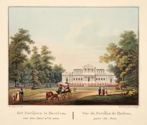 O pavilhão em Jaarlem, van den Hout para ver. Vue du Pavillon de Harlem, prêmio de Bois, 1825 (gravura colorida à mão)