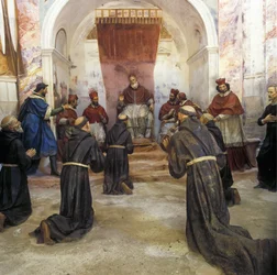 São Francisco de Assis e a comunidade franciscana receberam a aprovação da primeira regra pelo Papa Inocêncio III (1160-1216) em 1210 (fresco)