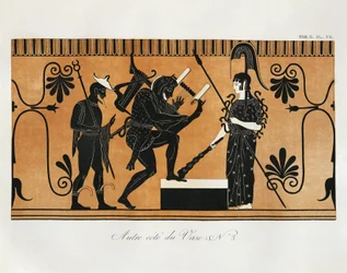 Cena de um vaso grego antigo com Héracles a tocar lira diante de Atena e Hermes atrás dele, por Piringer (segundo o original grego), gravura