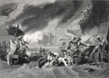 Batalha de La Hogue, gravada por W. French (litho)