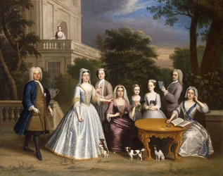 Retrato de grupo de uma família, no terreno de uma casa de campo,