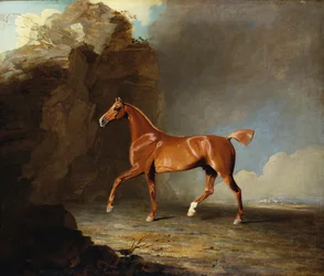 Um cavalo de corrida castanha dourada por uma formação rochosa, 1800