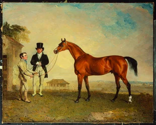 "Skiff", um cavalo de corrida da baía, mantido por um noivo em Newmarket Heath, com John Howe, proprietário dos estábulos, ao seu lado, 1829