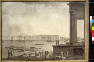 Vista do Palácio de Inverno e da Bolsa de Valores em São Petersburgo. Trabalho de Benjamin Paterssen (1748-1815), lápis e tinta sobre papel, ca. 1790. Arte sueca