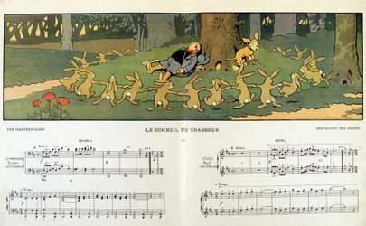 Coelhos rondando um caçador sonolento - em “” Les images en musique” de Jane Vieu, ilustrado por Benjamin Rabier (1864-1939)