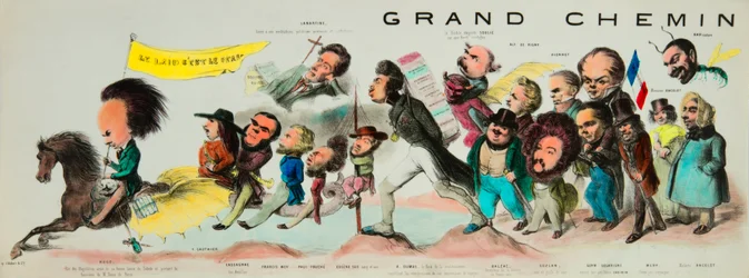 A grande cavalgada do pósterito. (Monte sobre o romântico Pegase, Victor Hugo (1802-1885), rei dos Hugolatros, arma de sua boa lâmina de Toledo e portando a bandeira de Notre-Dame de Paris, levou Theophile Gautier (1811-1872), Bernard Adolphe Granier