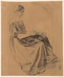 Menina sentada com uma carta; a carta em cima repetida