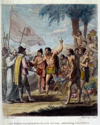 Um cacique indiano da ilha de Cuba dá as boas-vindas a Cristóvão Colombo (1451-1506) e a representantes militares e eclesiásticos europeus para discutir a criação de um novo Estado. Frontispício da "História Civil e Comercial das Colónias Britânicas do W