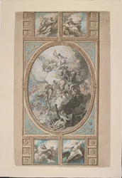 Design para a decoração do teto da Capela Real, Castelo de Windsor (reto), c.1779 (giz preto, caneta e tinta marrom e aquarela, aumentada com toques de branco, cinza e azul bodycolour e lavagem marrom