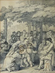 Os índios Entregando os ingleses cativos ao coronel Bouquet perto de seu acampamento no povo de Muskingum, na América do Norte, em novembro de 1764, c.1769 (pintar e lavar no papel)