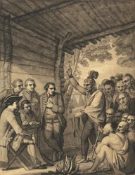 Os Índios a darem uma palestra ao Coronel Bouquet numa conferência num incêndio do Conselho, perto do seu acampamento nas margens do Muskingum na América, em Outubro de 1764, 1765