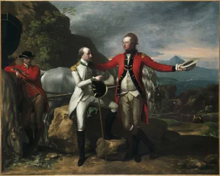 Dois oficiais e um cavalariço numa paisagem