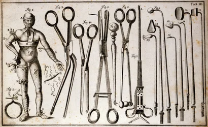Diferentes tipos de fórceps e instrumentos cirúrgicos. Um homem que usa diferentes tipos de torneios e ligaduras. Placa de cirurgia ilustrada por Benoist Louis Prevost (1735-1809). Século XVIII