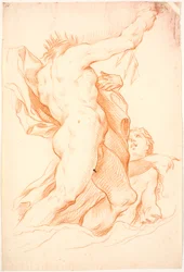 Poseidon em pé com o tridente levantado, bem como uma nereide