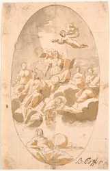 Estudo para pintura de teto com nove figuras, oval