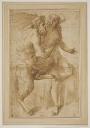 Duas figuras femininas, com símbolos de poesia e música