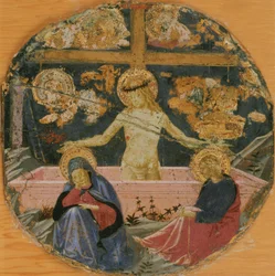 Atribuída a Benozzo Gozzoli - O Homem das Dores, com a Virgem de luto, São João Evangelista e símbolos da Paixão, c. 1447