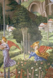 Anjo reunindo flores em uma paisagem celestial, detalhe da jornada do ciclo Magi na capela, c.1460 detalhe afresco do 70615
