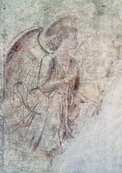 Anjo da Anunciação, detalhe da Anunciação, sinopia (sub-pintura)
