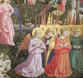 Anjos em uma paisagem celestial, a parede da mão esquerda da abside, da Jornada do ciclo magi na capela c .1460 (detalhe de 70610)