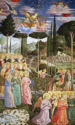 Anjos em uma paisagem celestial, a parede da mão esquerda da abside, da jornada do ciclo magi na capela c .1460 (para detalhes ver 83051)