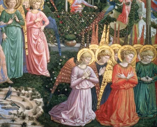 Anjos em uma paisagem celestial, a parede da mão esquerda da abside, a partir do ciclo de viagem dos Magos na capela, detalhe c.1460 afresco de 70610