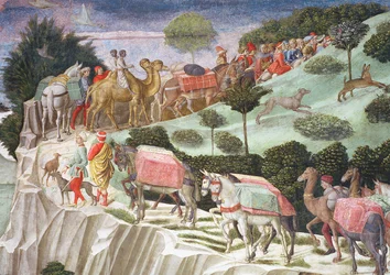 Caravana, de, pacote, animais, escalando, um, colina, detalhe, de, a, viagem, de, a, Magi, ciclo, em, a, capela, c.1460, afresco, detalhe, de, 70601