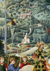 Paisagem fantástica, detalhe da jornada do ciclo magi na capela, c.1460