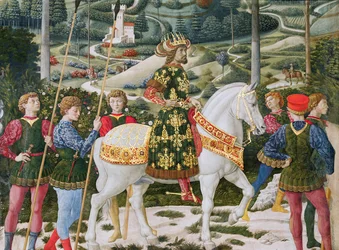 João VII Palaeologus 1391-1448, imperador romano oriental, como um dos três reis, detalhe da jornada do ciclo Magi na capela, c.1460 detalhe afresco de 70625