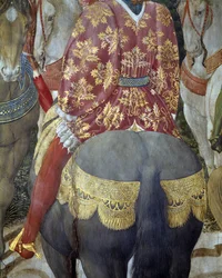 Cavaleiro a cavalo em sumptuos atrai, detalhe da Adoração dos Reis Magos (Fresco
