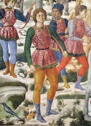Arqueiros de libré, detalhe da jornada do ciclo magi na capela, detalhe c.1460 afresco de 70630