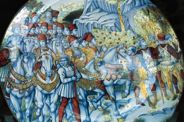 Placa Majolica representando a procissão dos Magos, de Benozzo Gozzoli (cerca de 1420-1497), artesanato de Gualdo Tadino, Úmbria, Itália