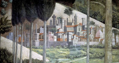 Cidade medieval, pormenor do ciclo da Viagem dos Reis Magos na capela, c.1460 (fresco)