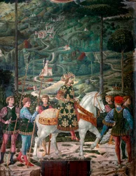 O Imperador Bizantino "A Viagem dos Reis Magos". Cortege of the Magi of Jerusalem a Bethleem chama em italiano "Viaggio dei Magi" ou "Cavalcata dei Magi". detalhe representando o Imperador bizantino João VIII Paleólogo (1392-1448). Pormenor. Fresco dos Rei