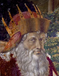 A Viagem dos Reis Magos. Cortege of the Magi of Jerusalem a Bethleem chamado "Viaggio dei Magi" ou "Cavalcata dei Magi" em italiano. Detalhe representando Joseph Patriarca de Constantinopla entre 1261 e 1276. Fresco da Capela dos Reis Magos por Benozzo di