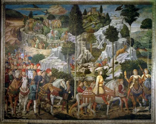 A Viagem dos Reis Magos. Cortege of the Magi of Jerusalem a Bethleem chamado "Viaggio dei Magi" ou "Cavalcata dei Magi" em italiano. Detalhe paisagístico. Fresco do muro leste da Capela dos Magos de Benozzo di Lese di Sandro di Benozzo Gozzoli (1421-14