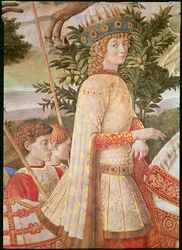A Procissão dos Magos, a procissão liderada por Lorenzo, o Magnífico sob o disfarce de Magus Caspar, detalhe de Lorenzo de &39;Medici, c.1460