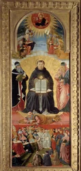O triunfo de São Tomás de Aquino (1225-1274) é representado rodeado por Platão (à direita) e Aristóteles, de quem é discípulo. Aos seus pés jaz Guilherme de Saint-Amour. No alto, Cristo abençoa os evangelistas. Em baixo, o papa Sisto IV (1414-1484)