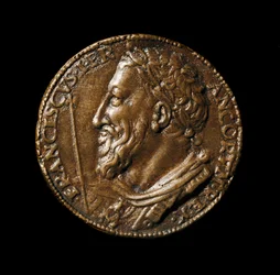 Medalhão de bronze com a efígie do rei Francisco I (1494-1547), realizado por Benvenuto Cellini (1500-1571), 1538. Diâmetro 38 cm. Florença, Museo Nazionale del Bargello