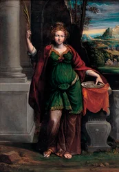 Santa Luzia de Siracusa (início do século IV) segurando uma bandeja com dois olhos - Pintura de Benvenuto Tisi da Garofalo (Il Garofalo) (1481-1559), 63 x 44 cm