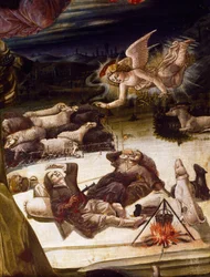 Um anjo e pastores, pormenor do retábulo da Natividade, de Benvenuto di Giovanni (1436-ca 1518), pintura sobre madeira.