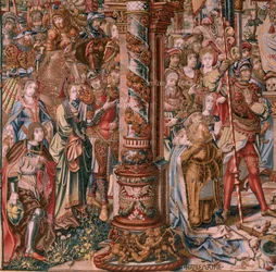 Tapeçaria flamenga. Série As Honras. A Fé (La Fe). A primeira tapeçaria da série. Modelos cartoonistas do círculo de Bernard van Orley e Jan Gossaert (Mabuse). Fabrico Pieter van Aelst, Bruxelas. Ca 1550. Tecido Ouro, prata, seda e lã.