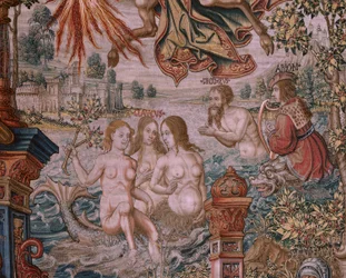 Tapeçaria flamenga. Série As Honras. A fama (La Fama). A terceira tapeçaria da série. Modelos cartoonistas do círculo de Bernard van Orley e Jan Gossaert (Mabuse). Fabrico Pieter van Aelst, Bruxelas. Ca 1550. Tecido Ouro, prata, seda e lã.
