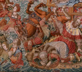 Tapeçaria flamenga. Série As Honras. Fortune, The way to the Honours (La Fortuna, Camino de los Honores). Quinta tapeçaria da série. Modelos cartoonistas do círculo de Bernard van Orley e Jan Gossaert de Mabuse. Fabrico Pieter van Aelst, Brusse