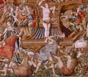 tapeçaria flamenga. Série As Honras. Infâmia (La Infâmia). Sexta tapeçaria da série. Cartunistas modelo do círculo de Bernard van Orley e Jan Gossaert (Mabuse). Fabricação Pieter van Aelst, Bruxelas. Ca 1550. Tecido Ouro, prata, seda e lã.